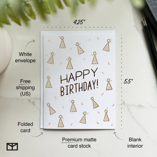 Gold and Pink Party Hat Birthday Card