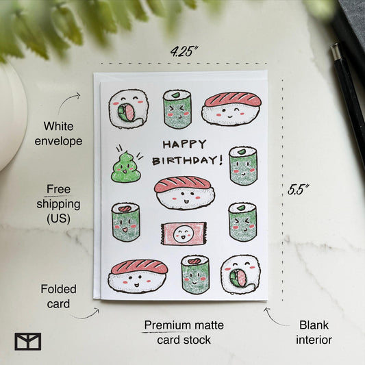 Hand Drawn Sushi Birthday Card – Kawaii Foodie Greeting for Sushi Lovers