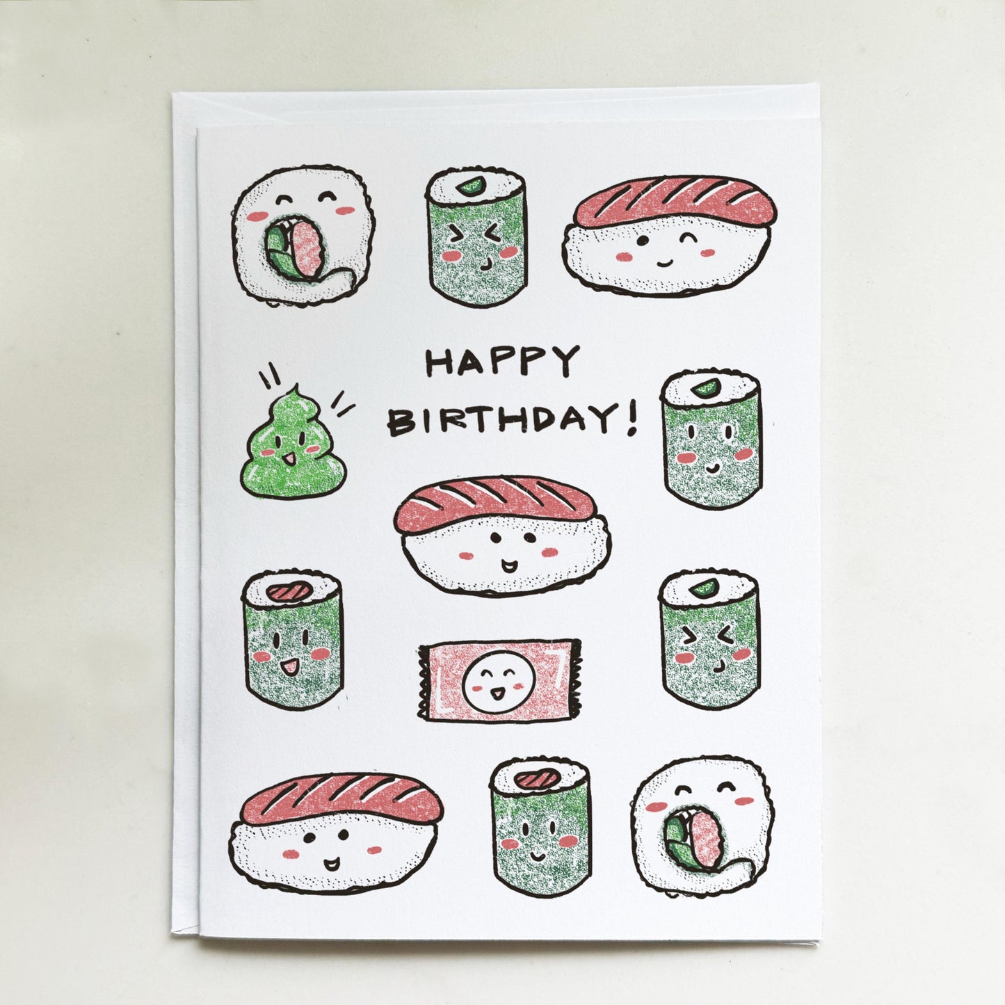 Hand Drawn Sushi Birthday Card – Kawaii Foodie Greeting for Sushi Lovers