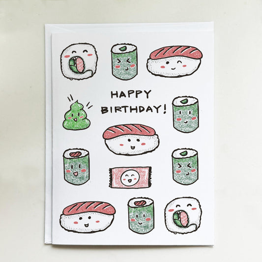 Hand Drawn Sushi Birthday Card – Kawaii Foodie Greeting for Sushi Lovers